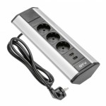 СП КВАДРАТ: Удлинитель УГЛОВОЙ GTV, 3x розетка schuko, 2xUSB 2.1A 5V, серебро, AE-PBKT3S2U-80