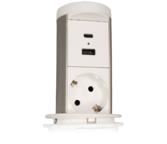 Блок розеток 105P 1 секции Серебро+Белый Механический d=60мм USB type A+C беспроводная зарядка