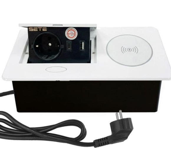 Удлинитель встраиваемый настольный, 1 гнездо, 1*USB, 1 type C, беспроводная зарядка, белый SETE SBT-1UCWT-10