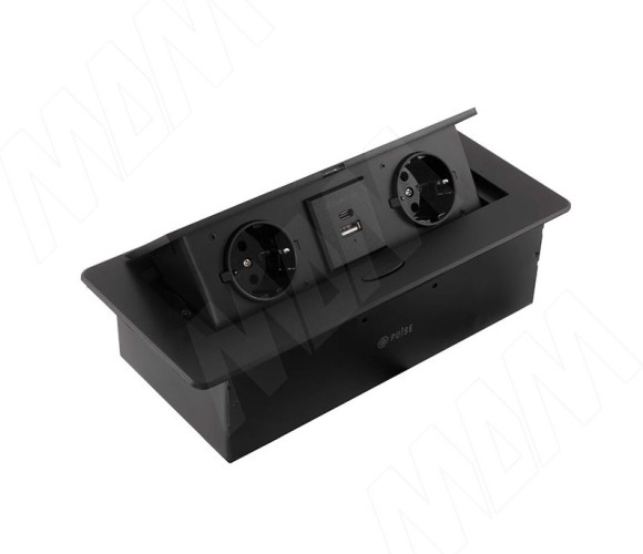 Выдвижной блок розеток, 265*118 мм, 2 розетки, 1 USB, 1 USB Type-C, быстрая зарядка, черный PU-S-2S1A1C-F-BL