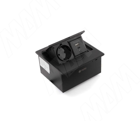 POP-UP выдвижной блок розеток, 137*134 мм, 1 розетка, 1 USB, 1 USB Type-C, черный PU-S-1S1A-BL